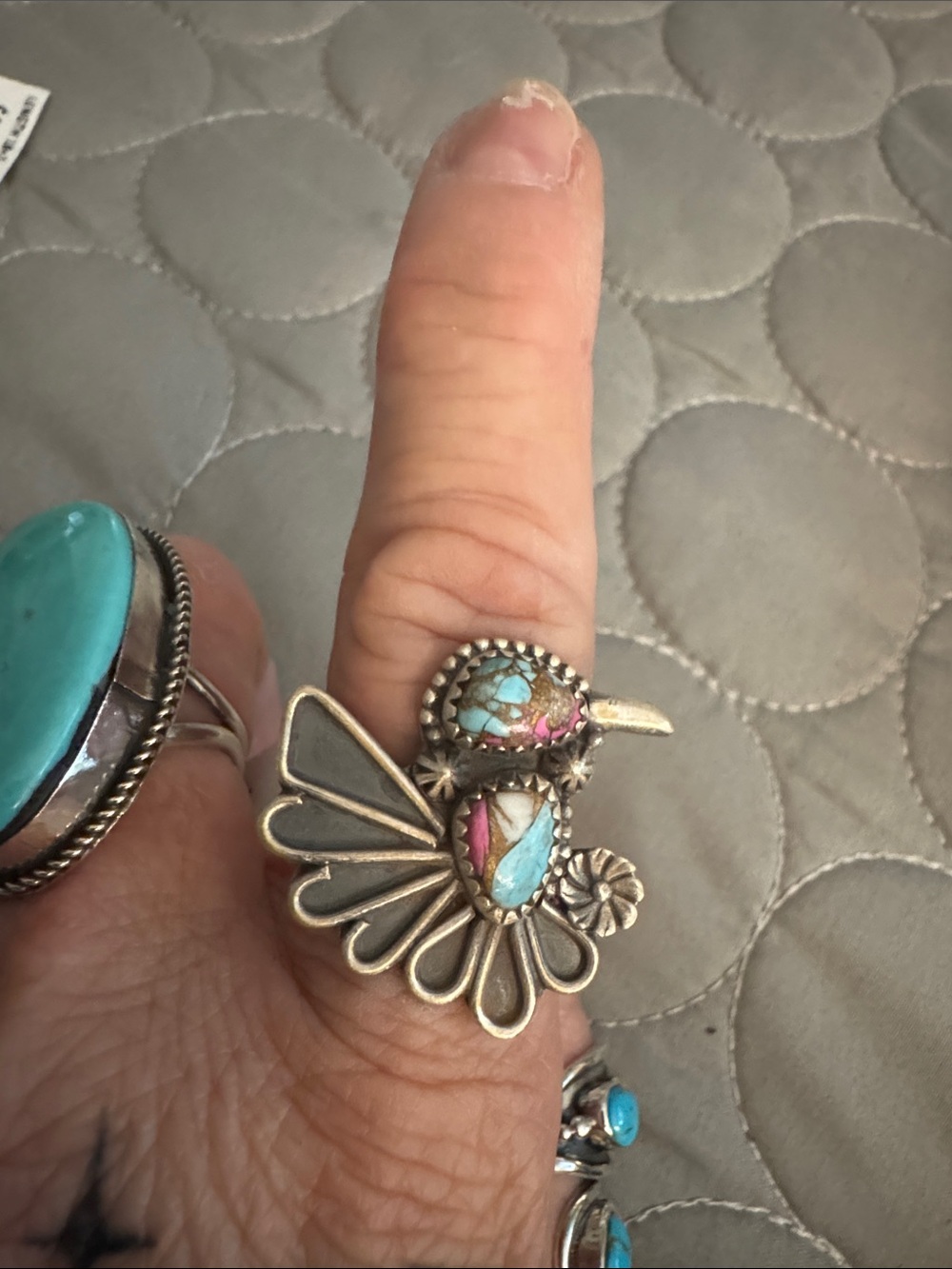 Cotton candy Turquoise and Pink Inlay Bird Statement Ring - Silver 925